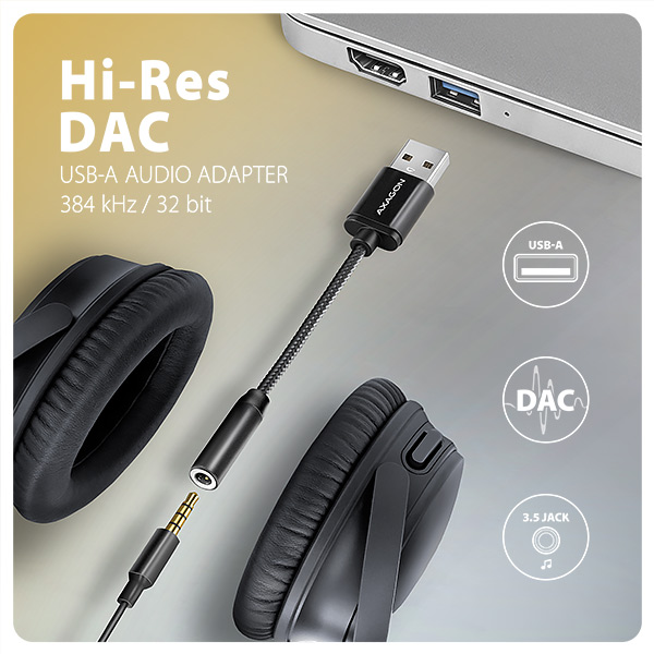 AXAGON ADA-HA, USB-A na 3.5mm jack Hi-Res DAC audio adaptér, 384kHz/ 32bit, stereo 