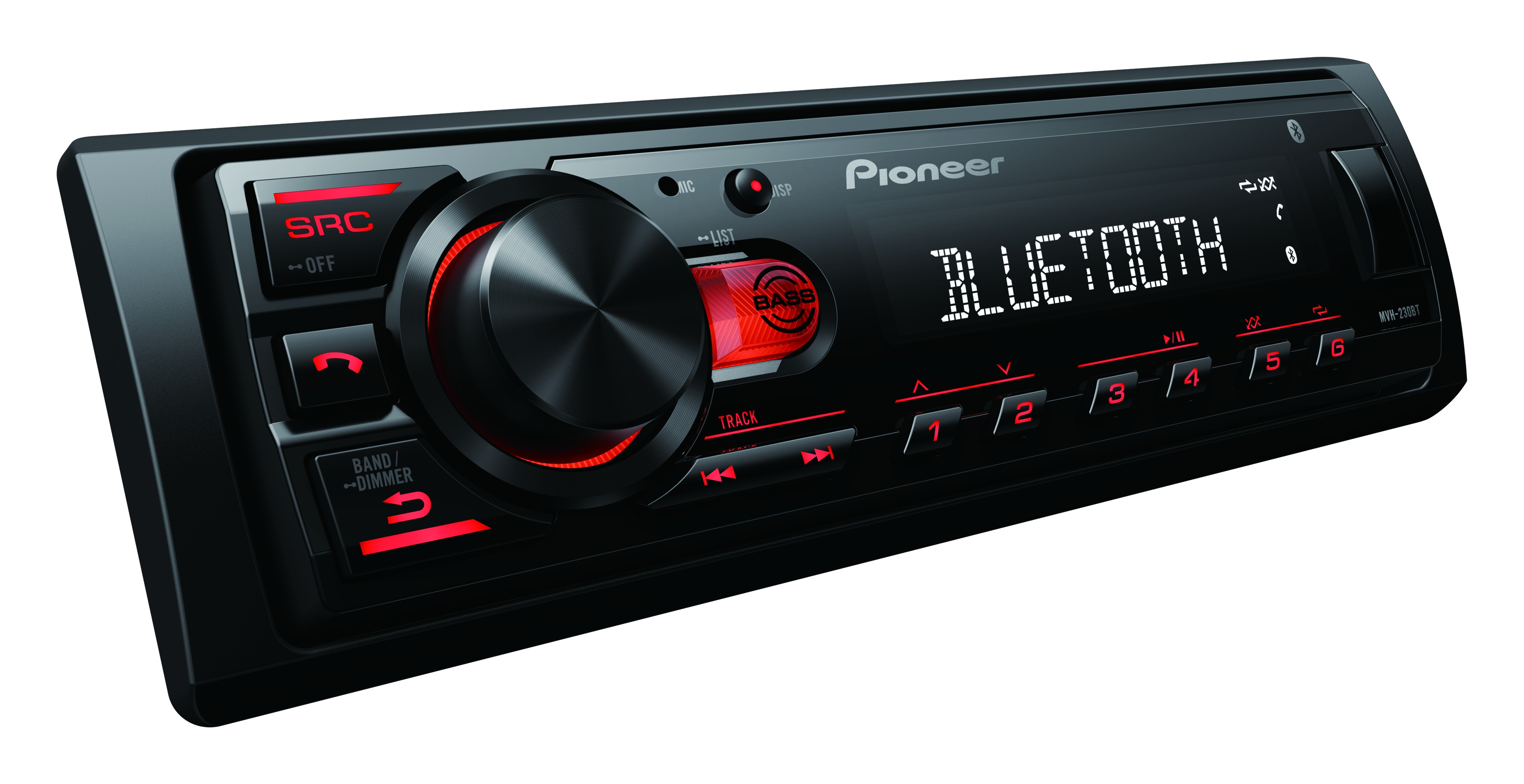 Pioneer MVH-230 autorádio s USB a Bluetooth s integrovaným mikrofónom červené 