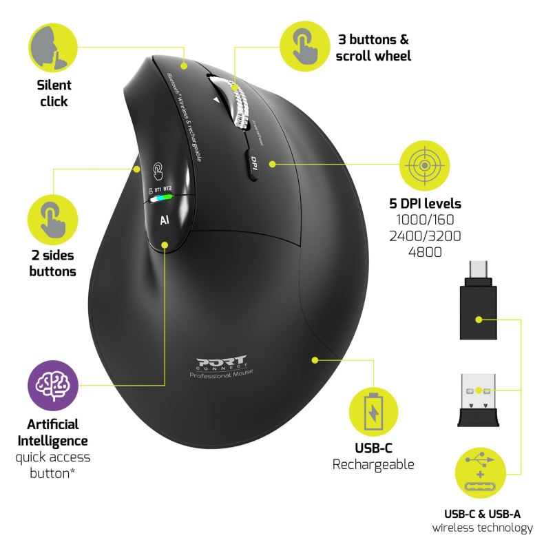 PORT CONNECT ERGO AUDITOR/ Vertikálna/ Optická/ Pre pravákov/ 4 800 DPI/ USB+BT/ Čierna 