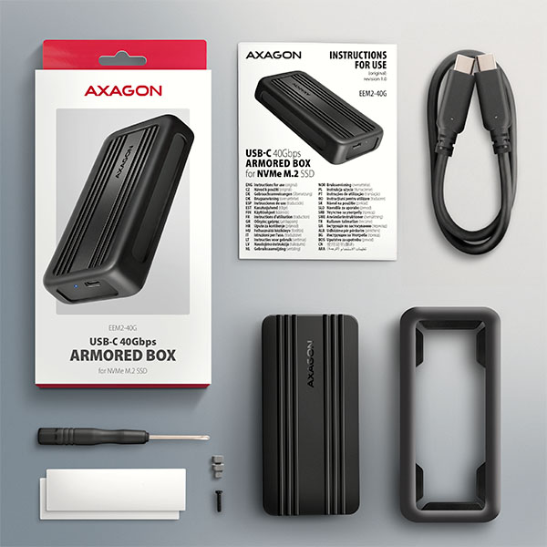 AXAGON EEM2-40G, USB-C 40Gbps externý box pre M.2 NVMe SSD, zosilnený hliník 