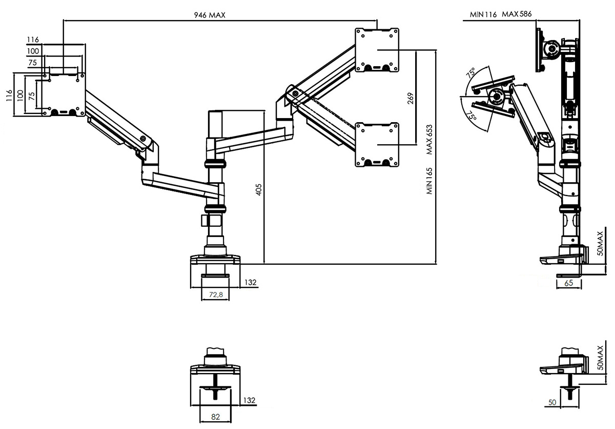 Vogel´s stolné rameno na 2 PC monitory M3042, 20kg, 3 kĺby 