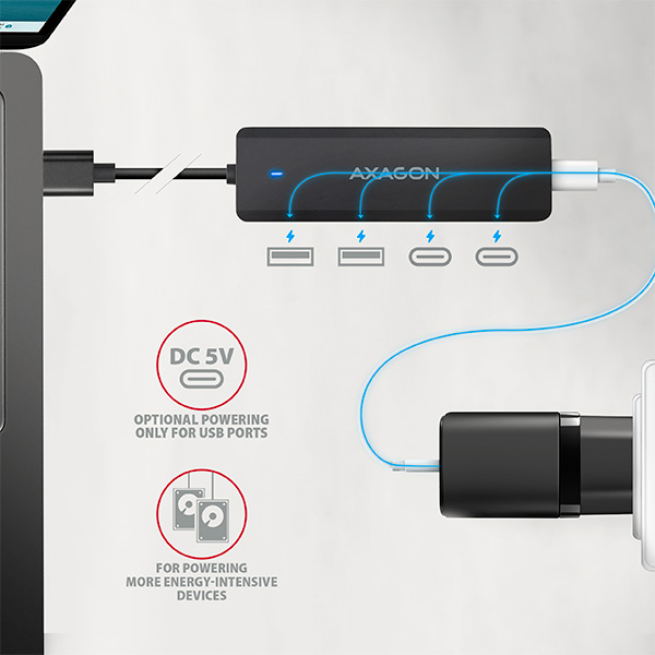 AXAGON HUE-C2A, 4× USB 5Gbps TRAVEL hub, 2× USB-A + 2× USB-C, USB-C napájanie, kábel USB-A 19cm 