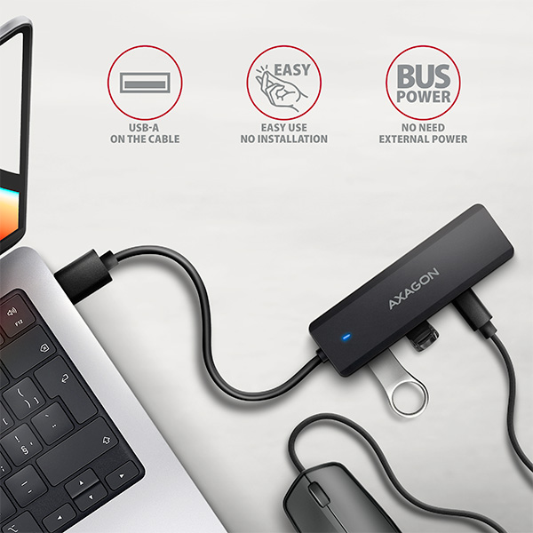 AXAGON HUE-C2A, 4× USB 5Gbps TRAVEL hub, 2× USB-A + 2× USB-C, USB-C napájanie, kábel USB-A 19cm 