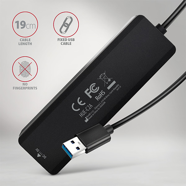 AXAGON HUE-C2A, 4× USB 5Gbps TRAVEL hub, 2× USB-A + 2× USB-C, USB-C napájanie, kábel USB-A 19cm 