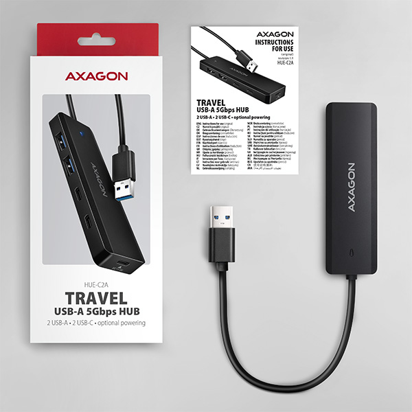 AXAGON HUE-C2A, 4× USB 5Gbps TRAVEL hub, 2× USB-A + 2× USB-C, USB-C napájanie, kábel USB-A 19cm 