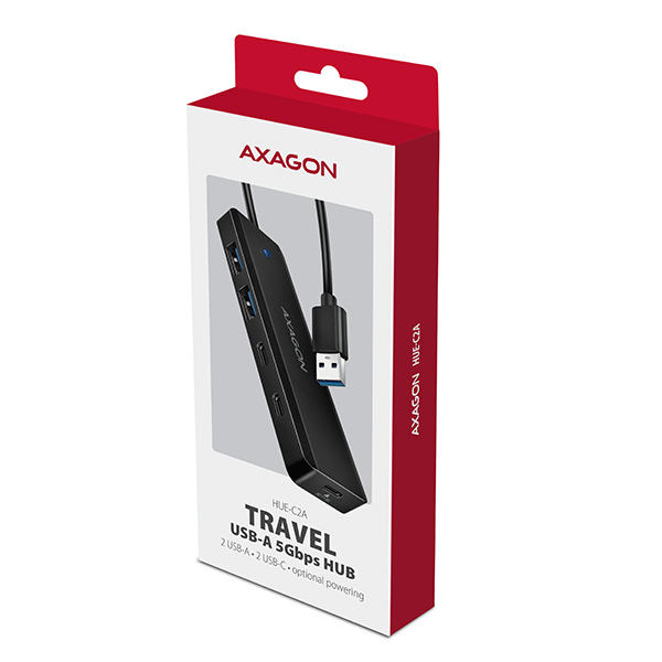 AXAGON HUE-C2A, 4× USB 5Gbps TRAVEL hub, 2× USB-A + 2× USB-C, USB-C napájanie, kábel USB-A 19cm 
