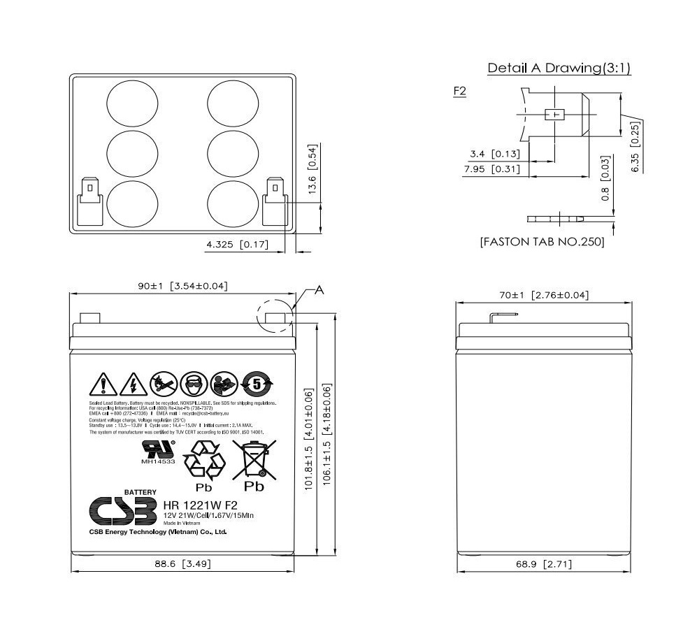 Batéria CSB HR1221WF2; 12V; 5Ah/ 21W, F2 