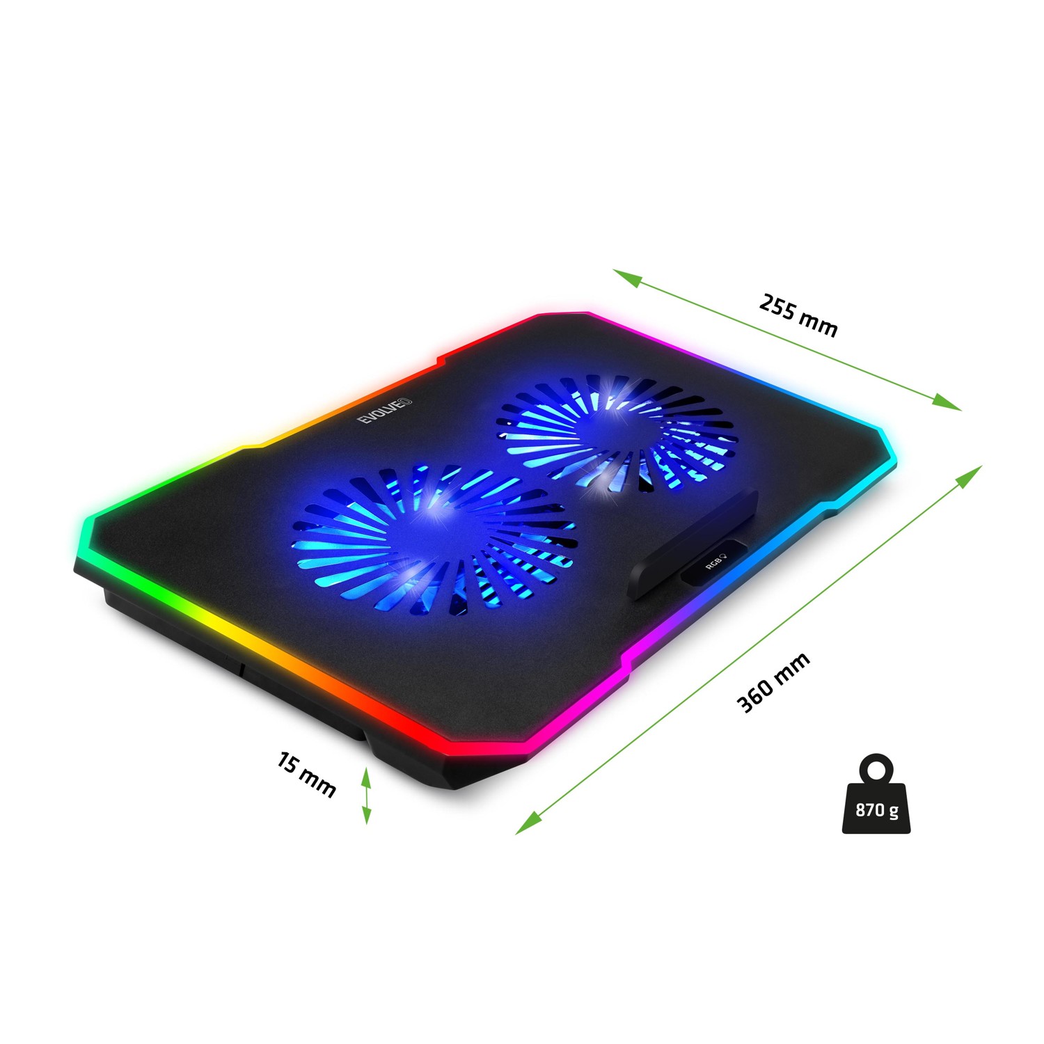 EVOLVEO CoolPro, chladiaca podložka pod notebook, 2x ventilátor, RGB podsvietenie, čierna 