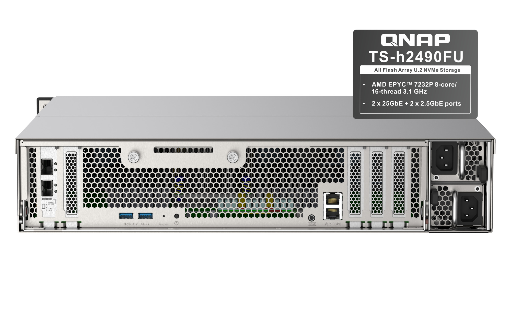 QNAP TS-h2490FU-7302P-64G (AMD EPYC, ZFS, 64GB ECC RAM, 24x 2, 5" U.2, 2x 2, 5GbE, 4x 25Gb SFP28) 