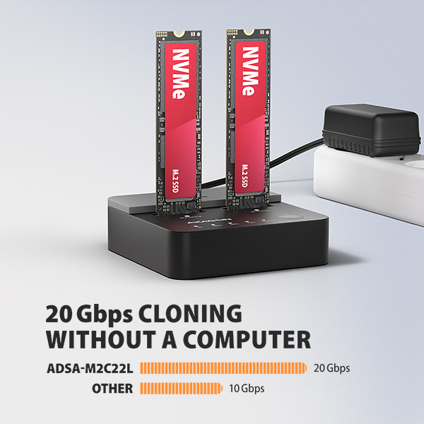 AXAGON ADSA-M2C22L, USB-C 20Gbps dokovacia stanica pre 2× M.2 NVMe SSD s funkciou klonovania 