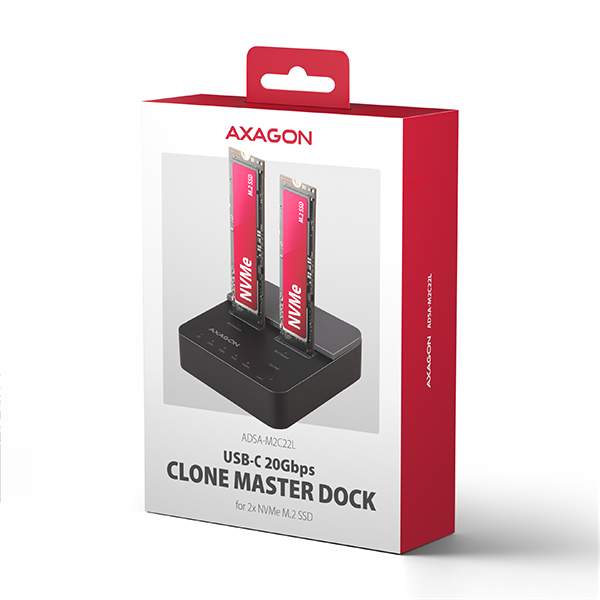 AXAGON ADSA-M2C22L, USB-C 20Gbps dokovacia stanica pre 2× M.2 NVMe SSD s funkciou klonovania 