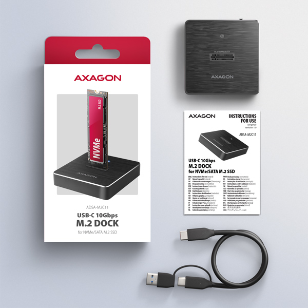 AXAGON ADSA-M2C11, USB-C 10Gbps dokovacia stanica pre 1× M.2 NVMe/ SATA SSD 