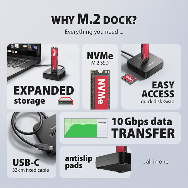 AXAGON ADSA-M2C11L, USB-C 10Gbps dokovacia stanica pre 1× M.2 NVMe SSD 