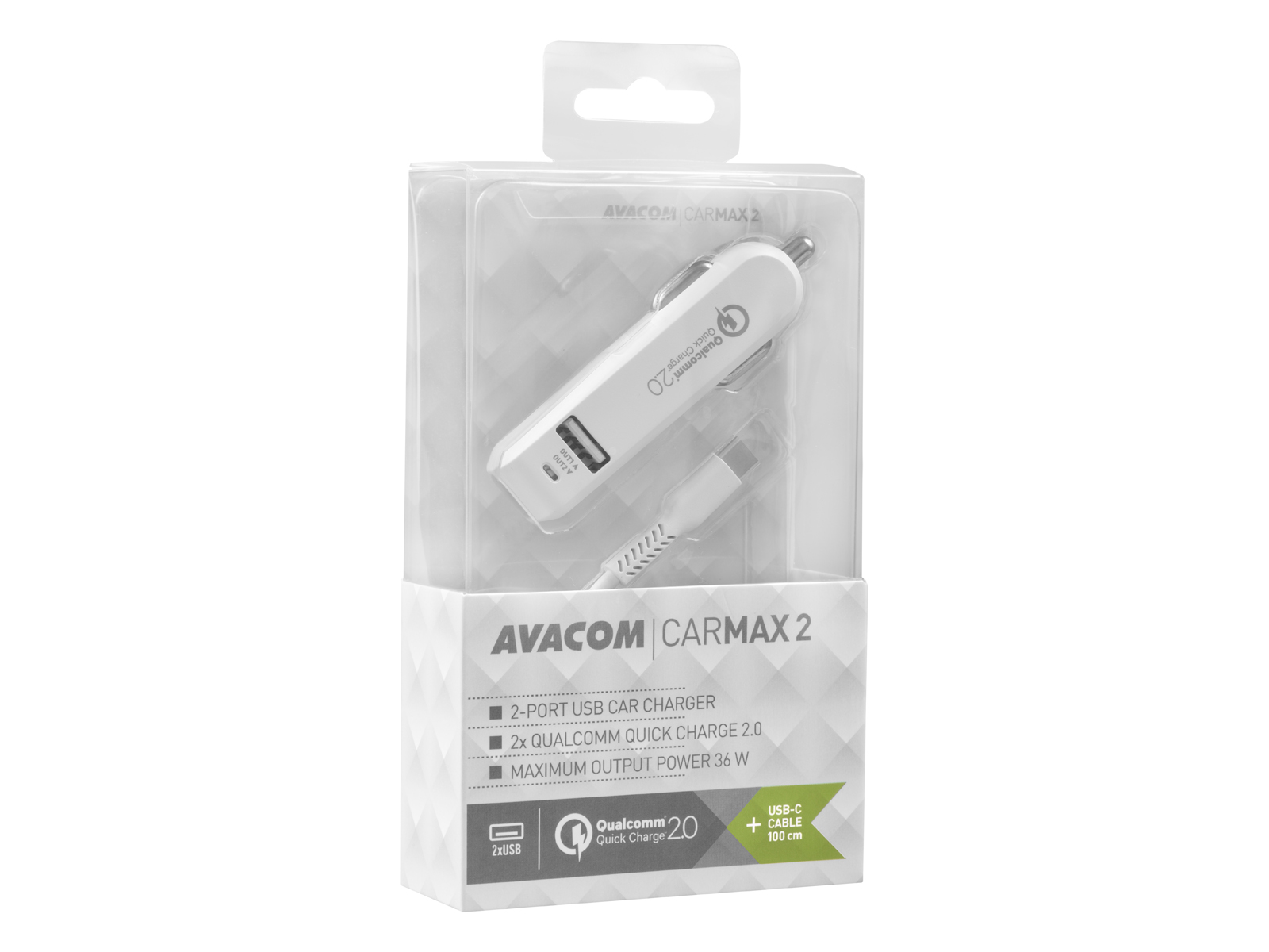 AVACOM CarMAX 2 nabíjačka do auta 2x Qualcomm Quick Charge 2.0, biela farba (USB-C kábel) 