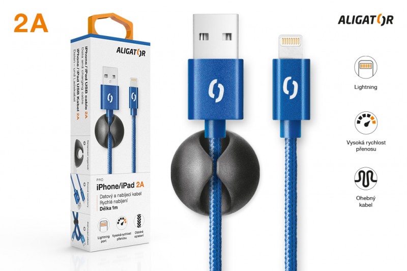 ALIGATOR PREMIUM Dátový kábel 2A, Lightning modrý 