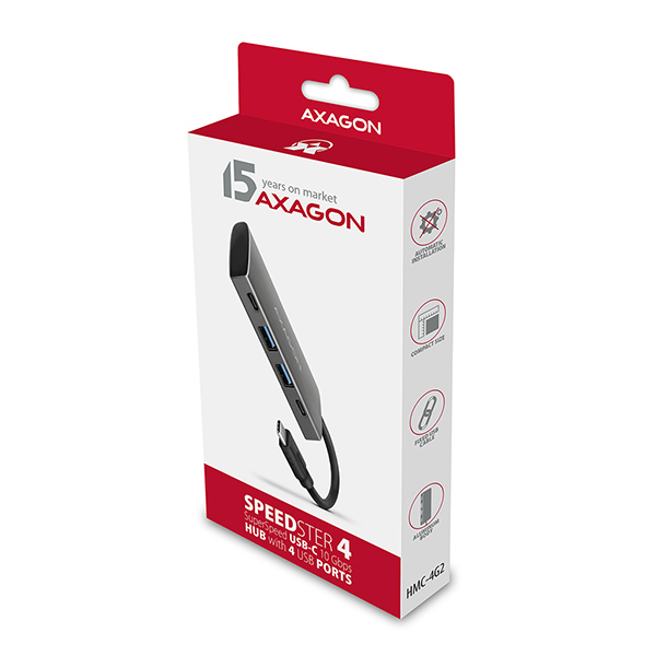 AXAGON HMC-4G2, USB-C 3.2 Gen 2 10 Gb/ s hub, porty 2x USB-A + 2x USB-C, kábel USB-C 13cm 