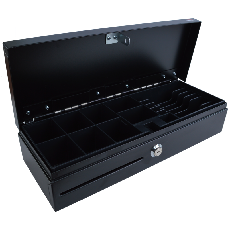 Pokladničná zásuvka flip-top FT-460C - s káblom, so zamykateľným krytom zakladača, 9-24V, čierna 