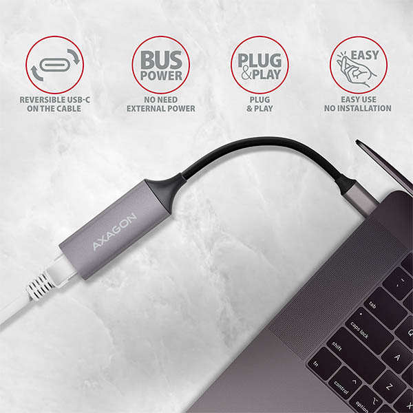AXAGON ADE-TRC, USB-C 3.2 Gen 1 - Gigabit Ethernet sieťová karta, auto inštal, titánovo šedá 