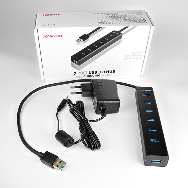 AXAGON HUE-SA7BP, 7x USB 3.0 ALU CHARGING hub, vr. AC adaptéra, kábel USB-A 40cm 