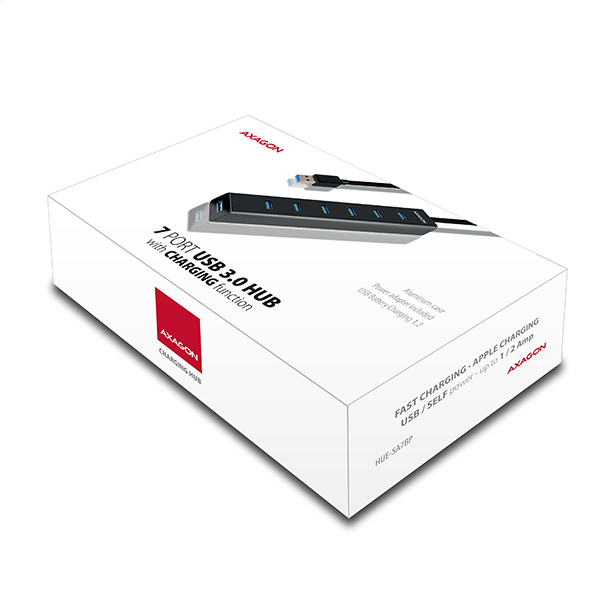 AXAGON HUE-SA7BP, 7x USB 3.0 ALU CHARGING hub, vr. AC adaptéra, kábel USB-A 40cm 