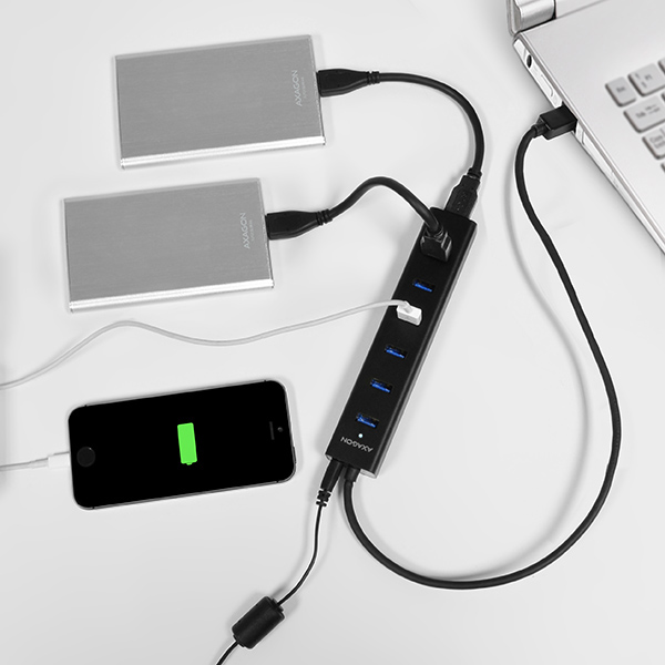 AXAGON HUE-SA7BP, 7x USB 3.0 ALU CHARGING hub, vr. AC adaptéra, kábel USB-A 40cm 