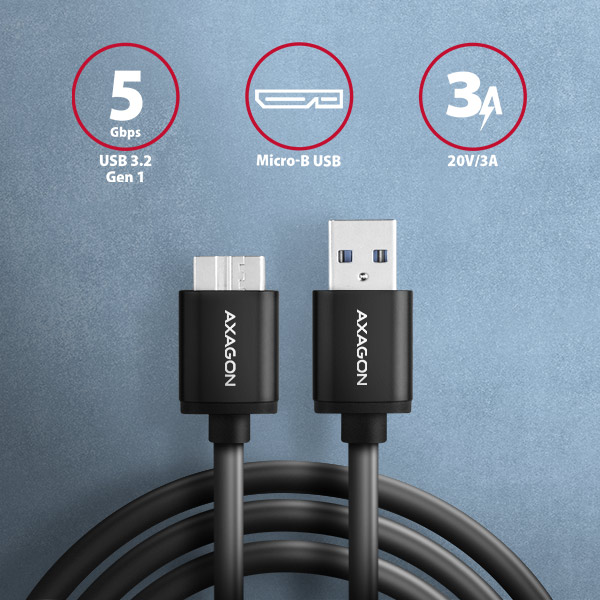 AXAGON BUMM3-AM10AB, SPEED kábel Micro-B USB <-> USB-A, 1m, USB 3.2 GEN 1, 3A, ALU, tpe, čierny 
