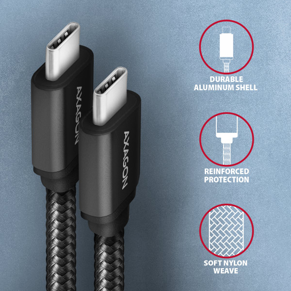 AXAGON BUCM3-CM20AB, SPEED kábel USB-C <-> USB-C, 2m, USB 3.2 Gen 1, PD 60W 3A, ALU, oplet, čierny 