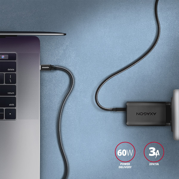 AXAGON BUCM3-CM20AB, SPEED kábel USB-C <-> USB-C, 2m, USB 3.2 Gen 1, PD 60W 3A, ALU, oplet, čierny 