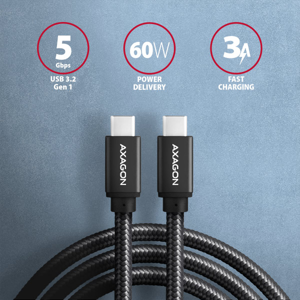 AXAGON BUCM3-CM10AB, SPEED kábel USB-C <-> USB-C, 1m, USB 3.2 Gen 1, PD 60W 3A, ALU, oplet, čierny 