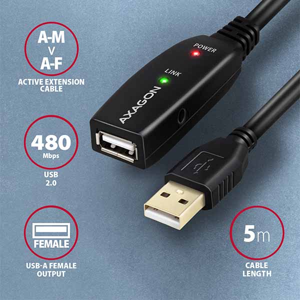 AXAGON ADR-205, USB 2.0 A-M -> A-F aktívny predlžovací / repeater kábel, 5m 