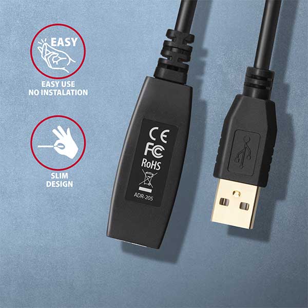 AXAGON ADR-205, USB 2.0 A-M -> A-F aktívny predlžovací / repeater kábel, 5m 