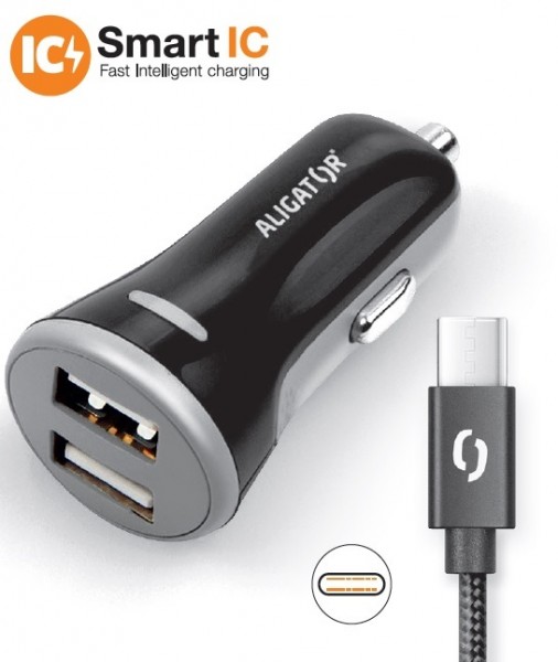 ALIGATOR Chytrá nabíjačka do auta 3.4A, 2xUSB, smart IC, čierna, USB-C kábel 