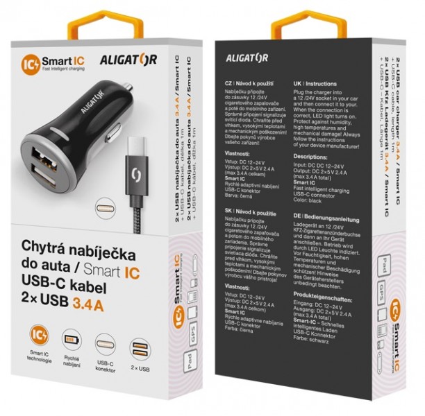 ALIGATOR Chytrá nabíjačka do auta 3.4A, 2xUSB, smart IC, čierna, USB-C kábel 
