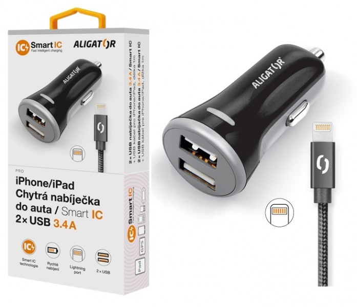 ALIGATOR 3.4A, 2xUSB, smart IC, čierna, USB kábel pre iPhone / iPad 