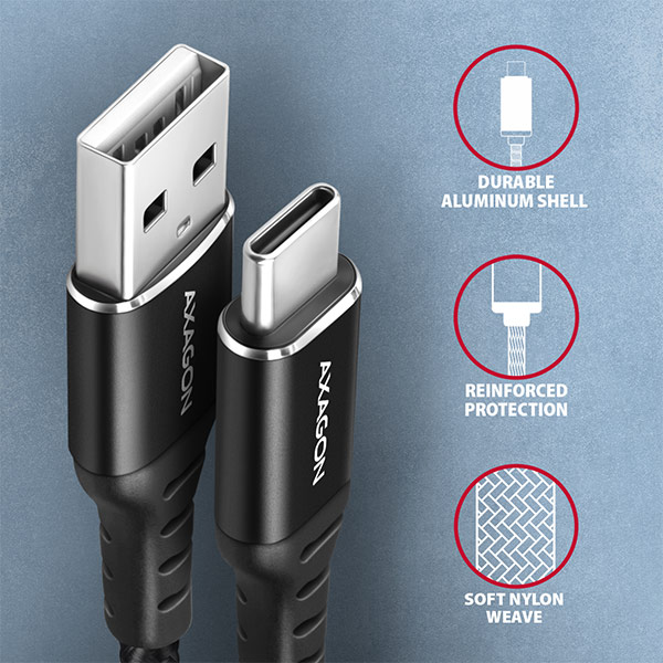 AXAGON BUCM-AM10AB, HQ kábel USB-C <-> USB-A, 1m, USB 2.0, 3A, ALU, oplet, čierny 
