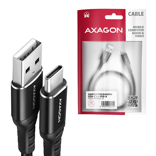 AXAGON BUCM-AM10AB, HQ kábel USB-C <-> USB-A, 1m, USB 2.0, 3A, ALU, oplet, čierny 