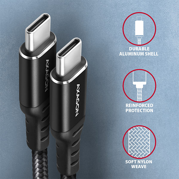 AXAGON BUCM-CM20AB, HQ kábel USB-C <-> USB-C, 2m, USB 2.0, PD 60W 3A, ALU, oplet, čierny 