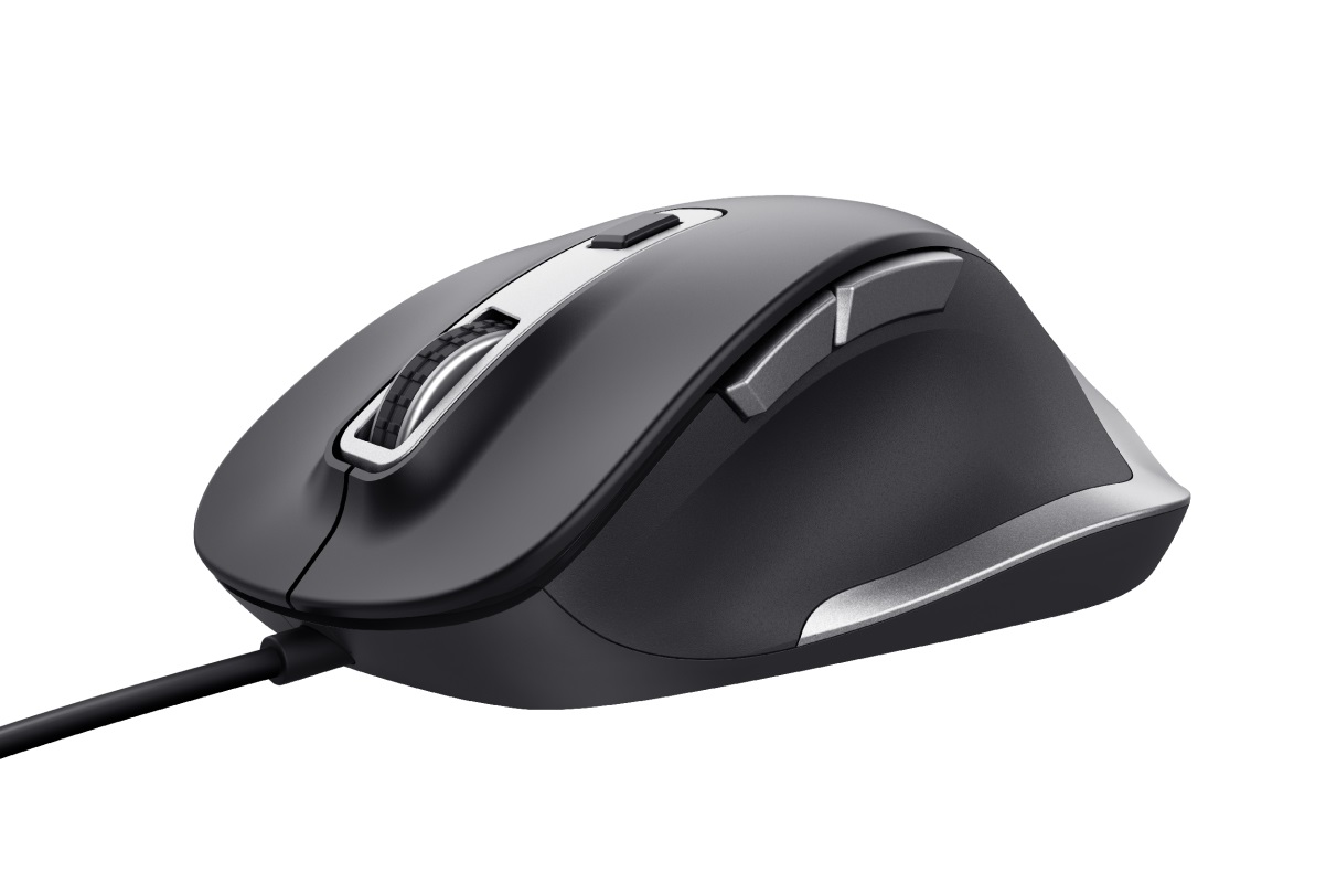 TRUST Fyda/ Ergonomická/ Optická/ Pre pravákov/ 5 000 DPI/ Drôtová USB/ Čierna-strieborná