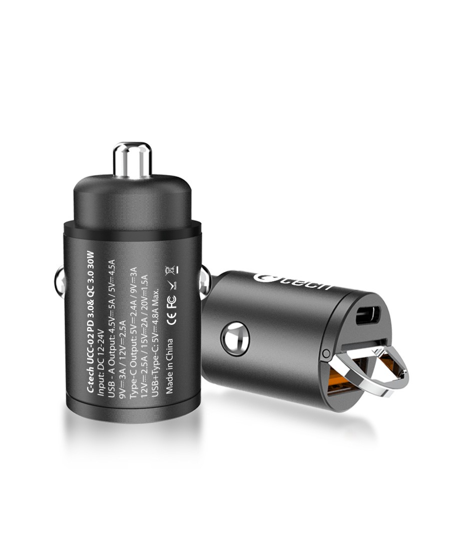 Nabíjačka USB do auta C-TECH UCC-02, 1x Type C + 1x Type A, 30W, Power delivery 3.0, Quick Charge 