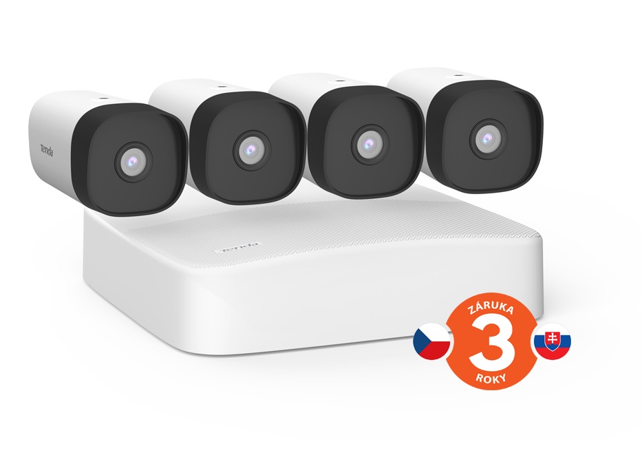 Tenda K4P-4TR - PoE kamerový set 4Mpx, 4CH NVR + 4x IP kamera 4Mpx, IP67, zvuk, web. rozhranie, CZ app