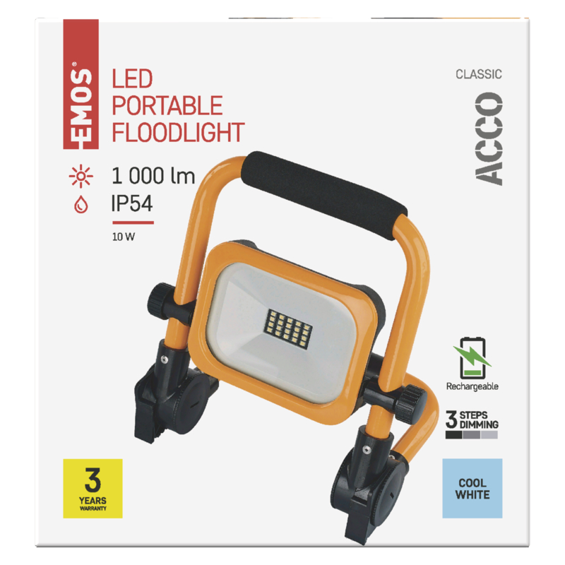 EMOS PRENOSNÝ NABÍJACÍ LED REFLEKTOR ACCO 10W, 1000LM, IP54 