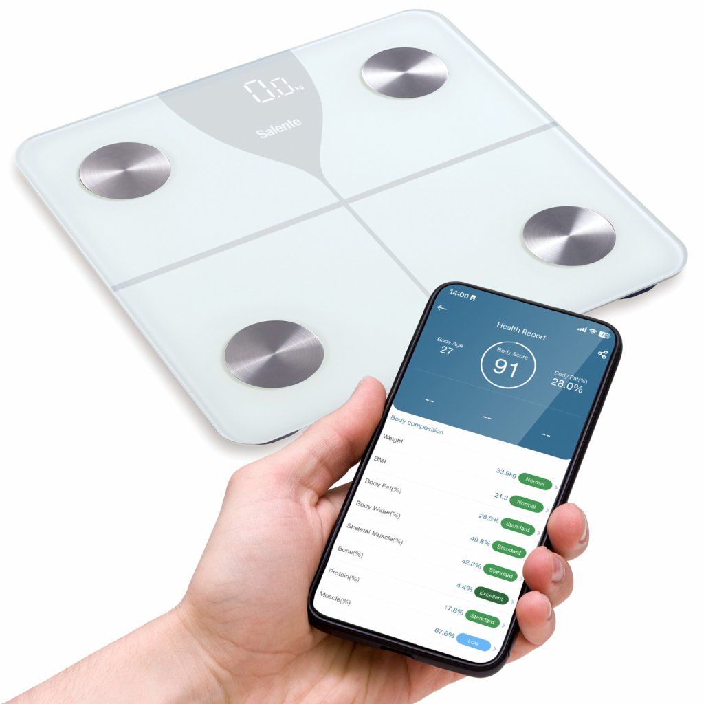 Salente SlimFit, múdra osobná diagnostická fitness váha, Bluetooth, biela 