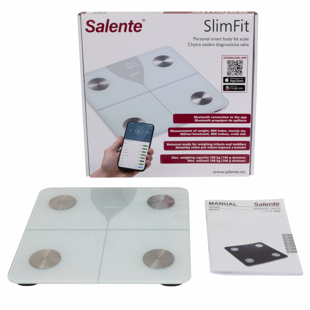 Salente SlimFit, múdra osobná diagnostická fitness váha, Bluetooth, biela 