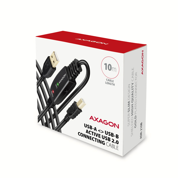 AXAGON ADR-210B, USB 2.0 A-M -> B-M aktívny prepojovací / repeater kábel, 10m 