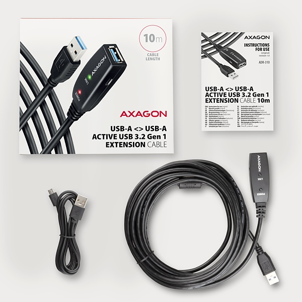 AXAGON ADR-310, USB 3.2 Gen 1 A-M -> A-F aktívny predlžovací / repeater kábel, 10m 