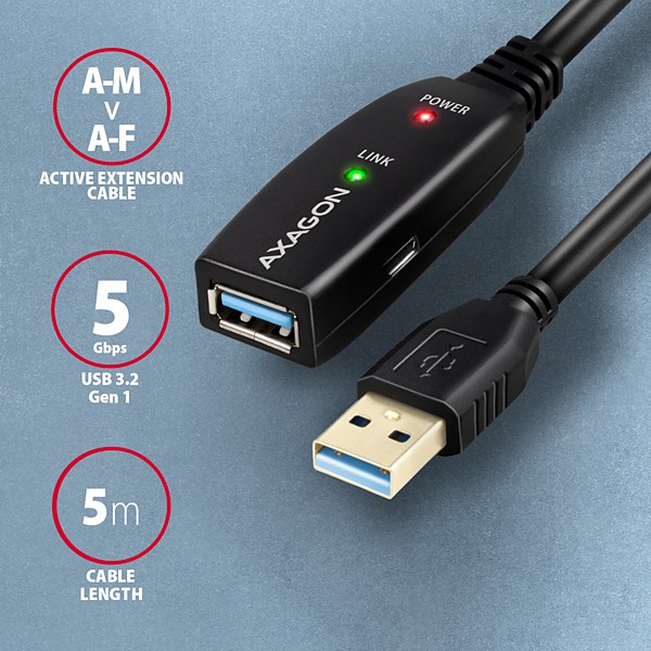 AXAGON ADR-305, USB 3.2 Gen 1 A-M -> A-F aktívny predlžovací / repeater kábel, 5m 