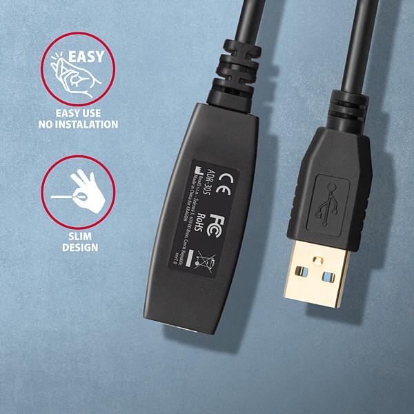 AXAGON ADR-305, USB 3.2 Gen 1 A-M -> A-F aktívny predlžovací / repeater kábel, 5m 