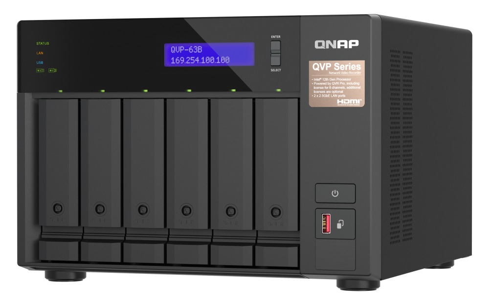 QNAP NVR QVP-63B (4core 4, 3GHz, 16GB RAM, 6xSATA, 2xGbE, 2xM.2 NVMe Gen4, 2xPCIe, kamery: 8 (max 36) 