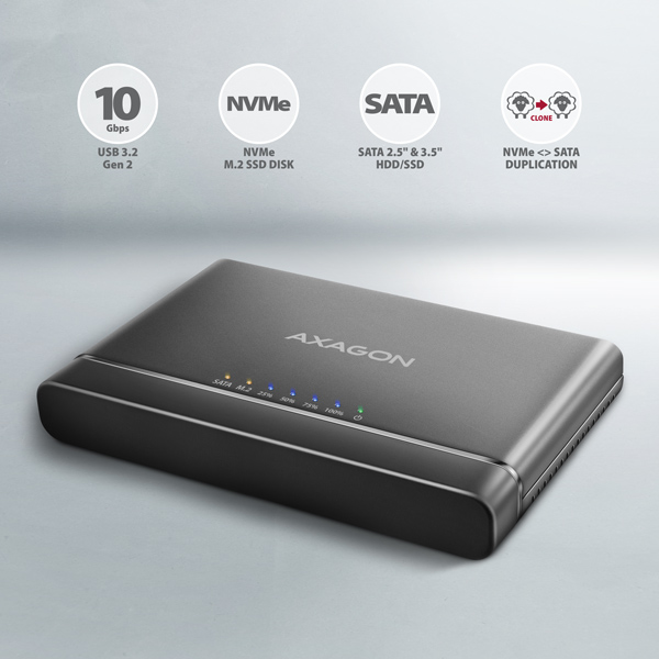 AXAGON ADSA-CC USB-C 10 Gbps - NVMe M.2 SSD & SATA 2.5"/ 3.5" SSD/ HDD CLONE MASTER 2 