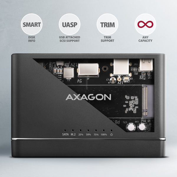 AXAGON ADSA-CC USB-C 10 Gbps - NVMe M.2 SSD & SATA 2.5"/ 3.5" SSD/ HDD CLONE MASTER 2 